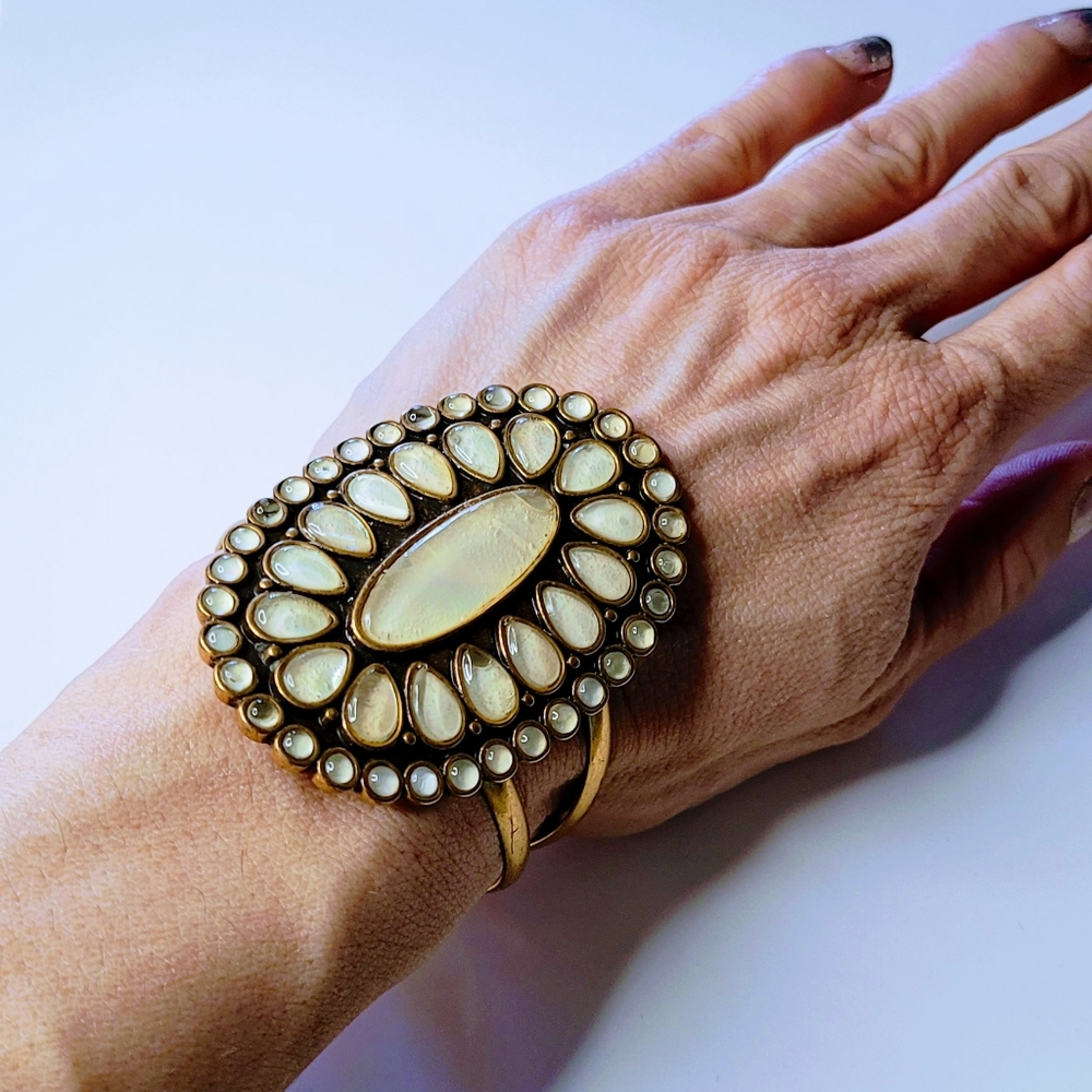 Large Mother of Pearl and Brass Cuff Bracelet